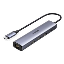 Wielofunkcyjny adapter HUB rozdzielacz USB-C - 3x USB Ethernet RJ-45 USB-C PD szary UGREEN