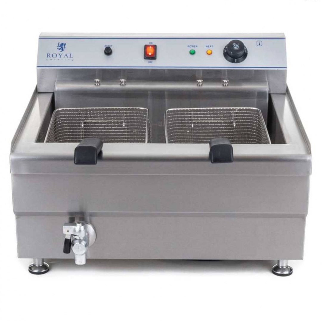 Smażalnik do pączków lub ryb z półką DWA KOSZE 24L Royal Catering Smażalnik do pączków lub ryb z półką DWA KOSZE 24L Royal Catering