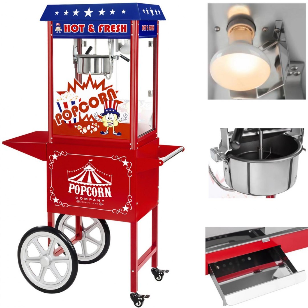 Mobilna maszyna do popcornu z wózkiem na kółkach TEFLON 1600W Royal Catering Mobilna maszyna do popcornu z wózkiem na kółkach TEFLON 1600W Royal Catering