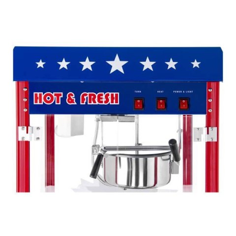 Mobilna maszyna do popcornu z wózkiem na kółkach TEFLON 1600W Royal Catering Mobilna maszyna do popcornu z wózkiem na kółkach TEFLON 1600W Royal Catering