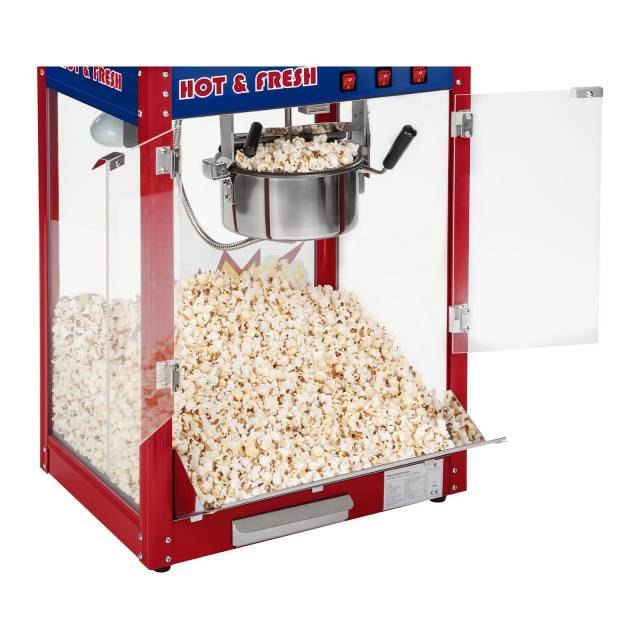 Mobilna maszyna do popcornu z wózkiem na kółkach TEFLON 1600W Royal Catering Mobilna maszyna do popcornu z wózkiem na kółkach TEFLON 1600W Royal Catering