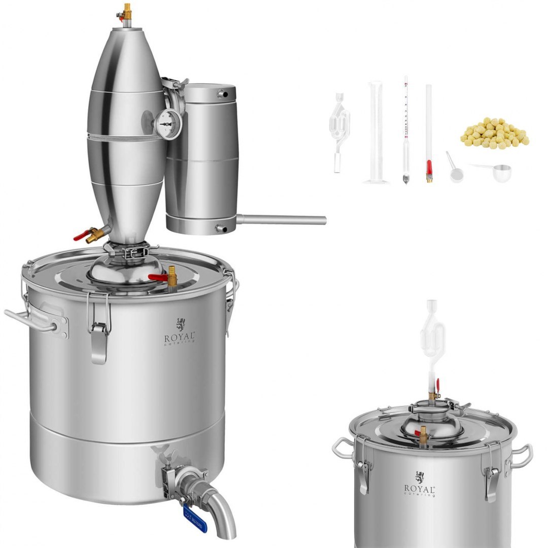 Destylator urządzenie do destylacji 4 etapy chłodzenia 30L + termometr analogowy Royal Catering Destylator urządzenie do destylacji 4 etapy chłodzenia 30L + termometr analogowy Royal Catering