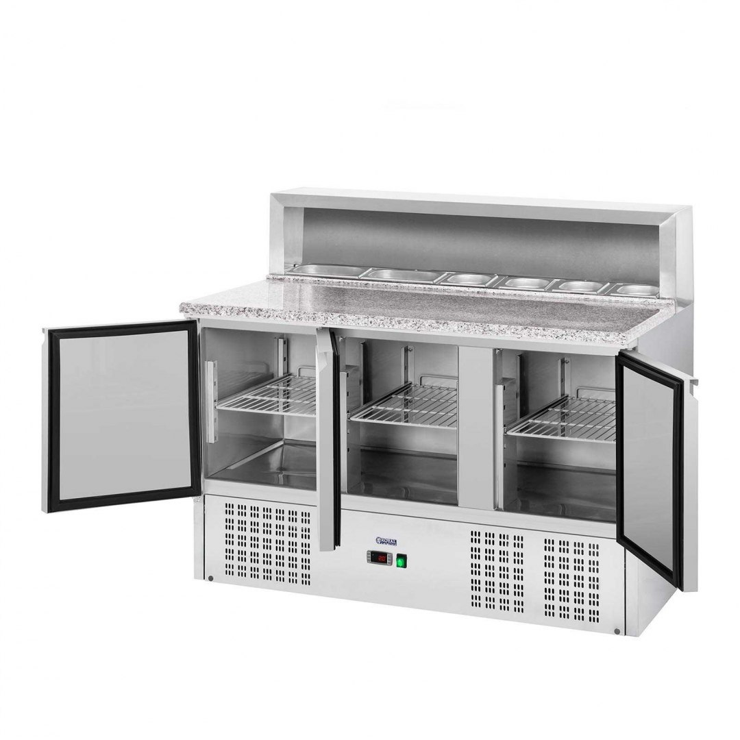 Stół chłodniczy do pizzy z granitowym blatem 3-drzwiowy z miejscem na 8x GN1/6 Royal Catering Stół chłodniczy do pizzy z granitowym blatem 3-drzwiowy z miejscem na 8x GN1/6 Royal Catering