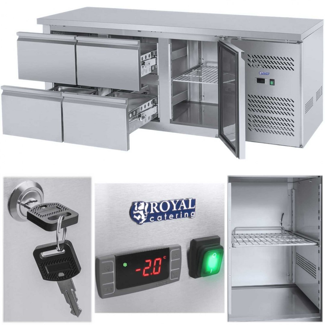 Stół chłodniczy ze stalowym blatem roboczym 4 szuflady od -2 do 10C 179cm Royal Catering Stół chłodniczy ze stalowym blatem roboczym 4 szuflady od -2 do 10C 179cm Royal Catering