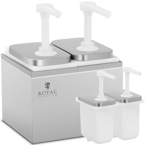 Dyspenser dozownik podwójny do sosów z pompką ze stali nierdzewnej 2 x 2 l Royal Catering Dyspenser dozownik podwójny do sosów z pompką ze stali nierdzewnej 2 x 2 l Royal Catering
