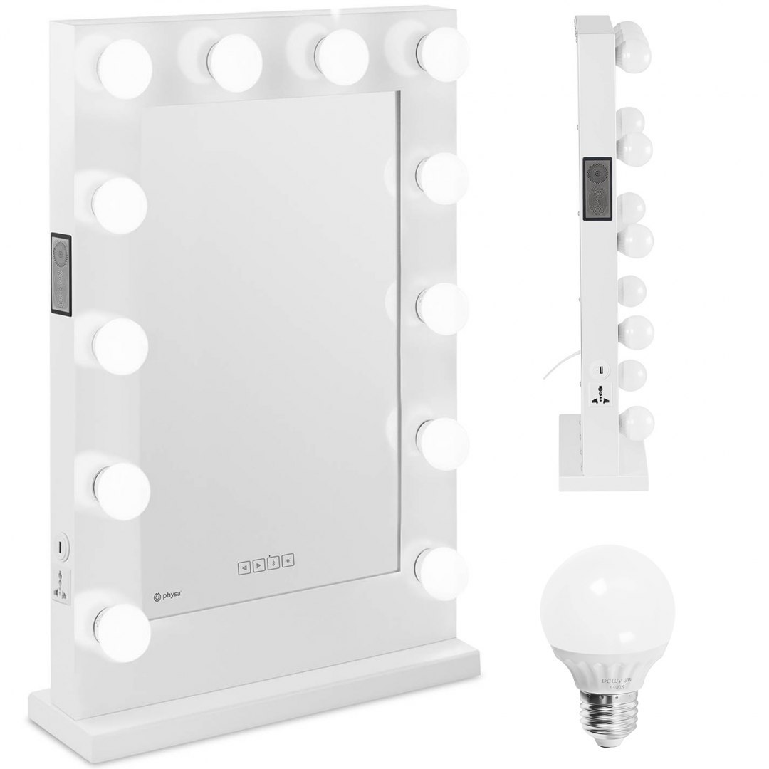 Lustro kosmetyczne do makijażu wizażu z oświetleniem i głośnikiem 12 żarówek LED BT USB 78x50 cm Physa Lustro kosmetyczne do makijażu wizażu z oświetleniem i głośnikiem 12 żarówek LED BT USB 78x50 cm Physa