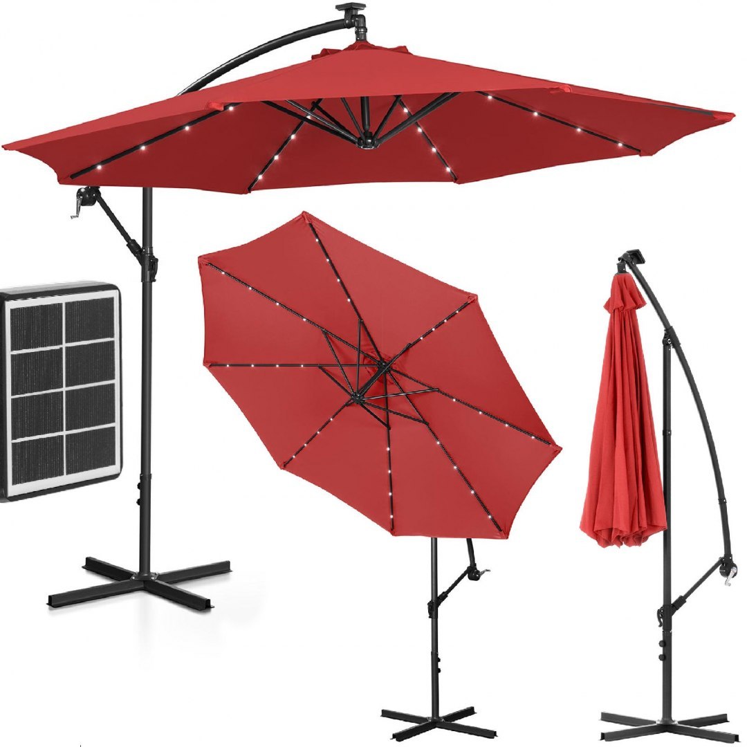 Parasol ogrodowy na wysięgniku okrągły z oświetleniem LED śr. 300 cm czerwony UNIPRODO Parasol ogrodowy na wysięgniku okrągły z oświetleniem LED śr. 300 cm czerwony UNIPRODO