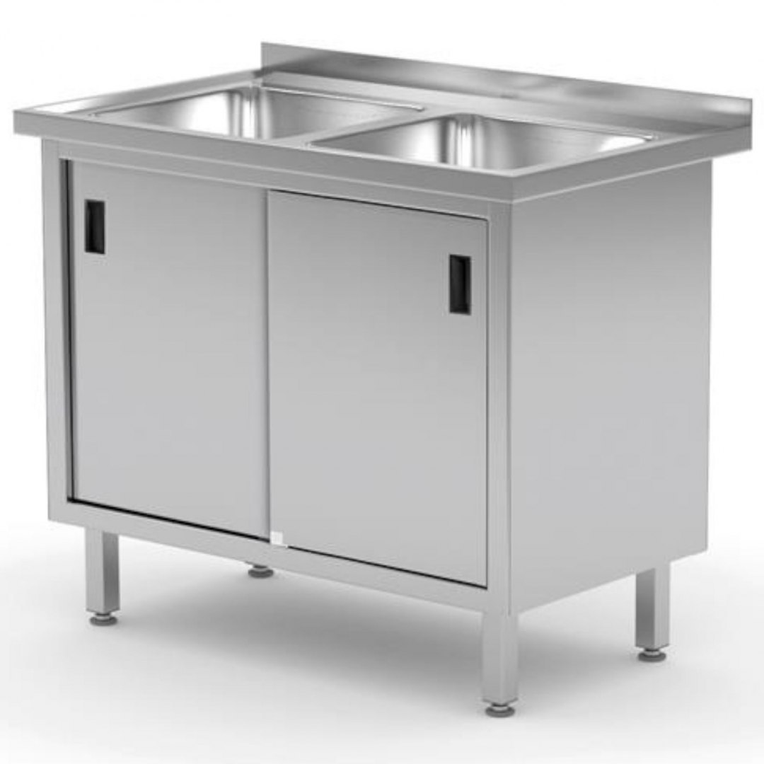 Zlew roboczy gastronomiczny z szafką z drzwiami suwanymi PODWÓJNY 100x60x85 cm - Hendi 813690 Hendi Zlew roboczy gastronomiczny z szafką z drzwiami suwanymi PODWÓJNY 100x60x85 cm - Hendi 813690 Hendi
