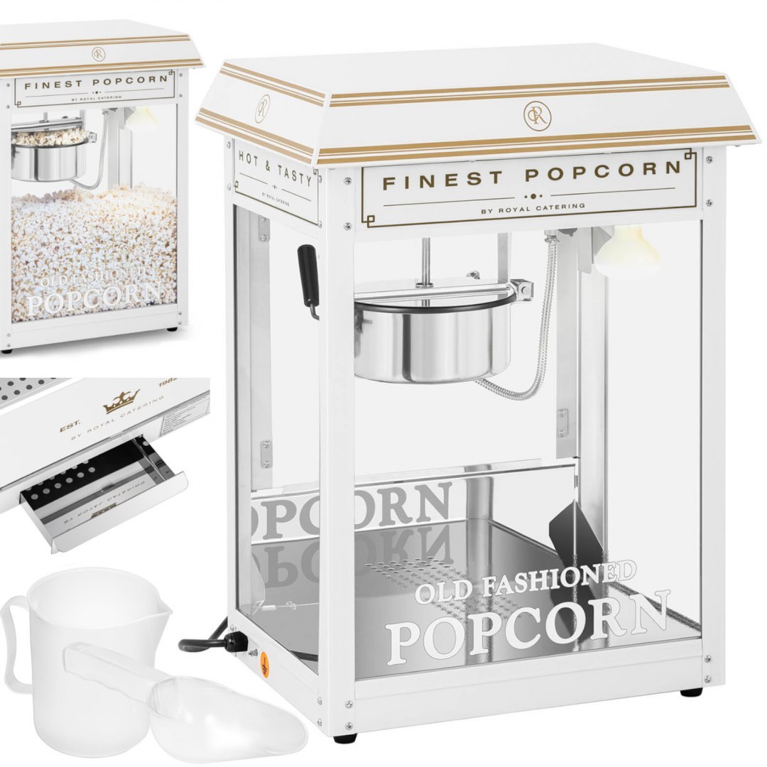 Maszyna automat urządzenie do prażenia popcornu retro TEFLON 1600 W 5-6 kg/h - biało-złota Royal Catering Maszyna automat urządzenie do prażenia popcornu retro TEFLON 1600 W 5-6 kg/h - biało-złota Royal Catering