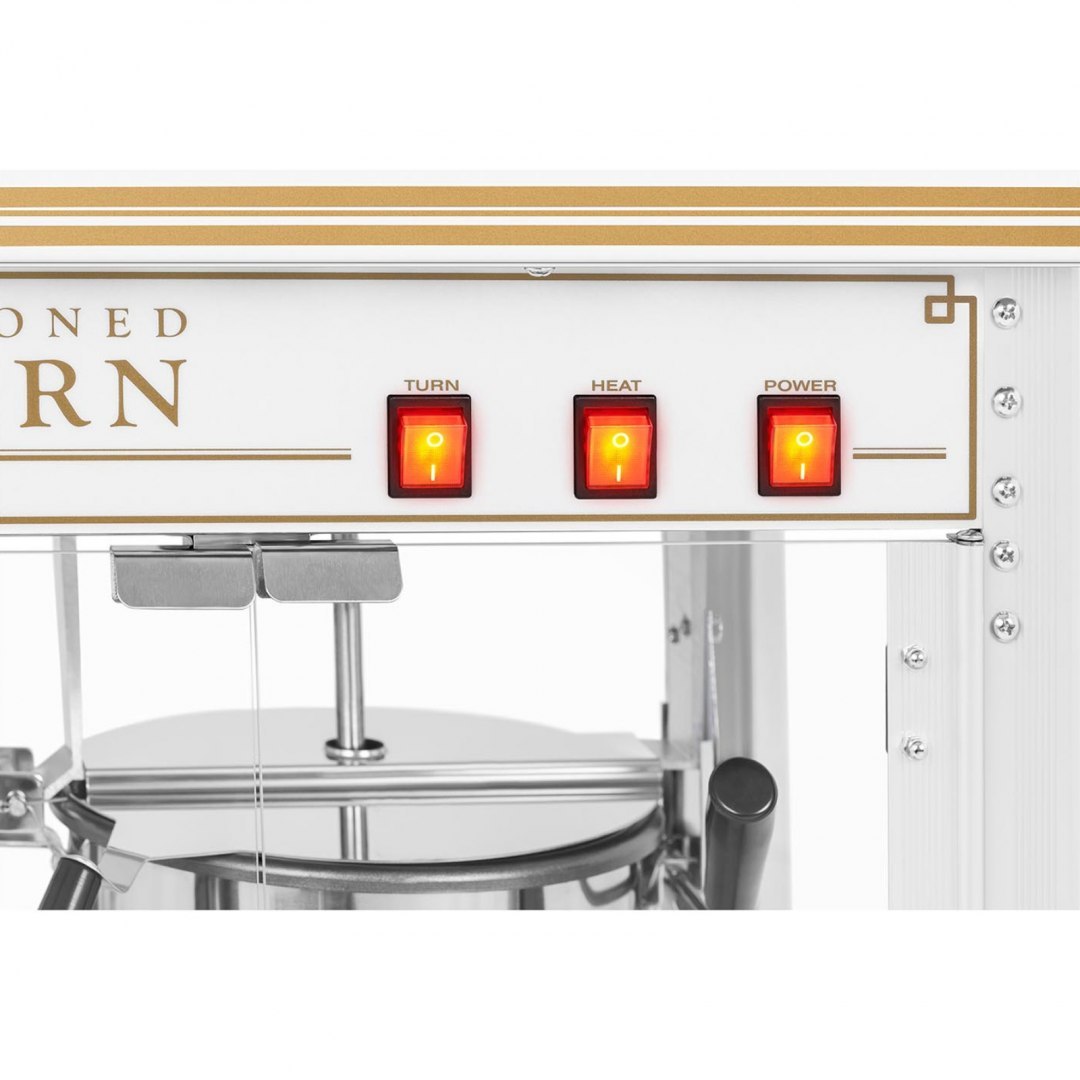 Maszyna automat urządzenie do prażenia popcornu retro TEFLON 1600 W 5-6 kg/h - biało-złota Royal Catering Maszyna automat urządzenie do prażenia popcornu retro TEFLON 1600 W 5-6 kg/h - biało-złota Royal Catering