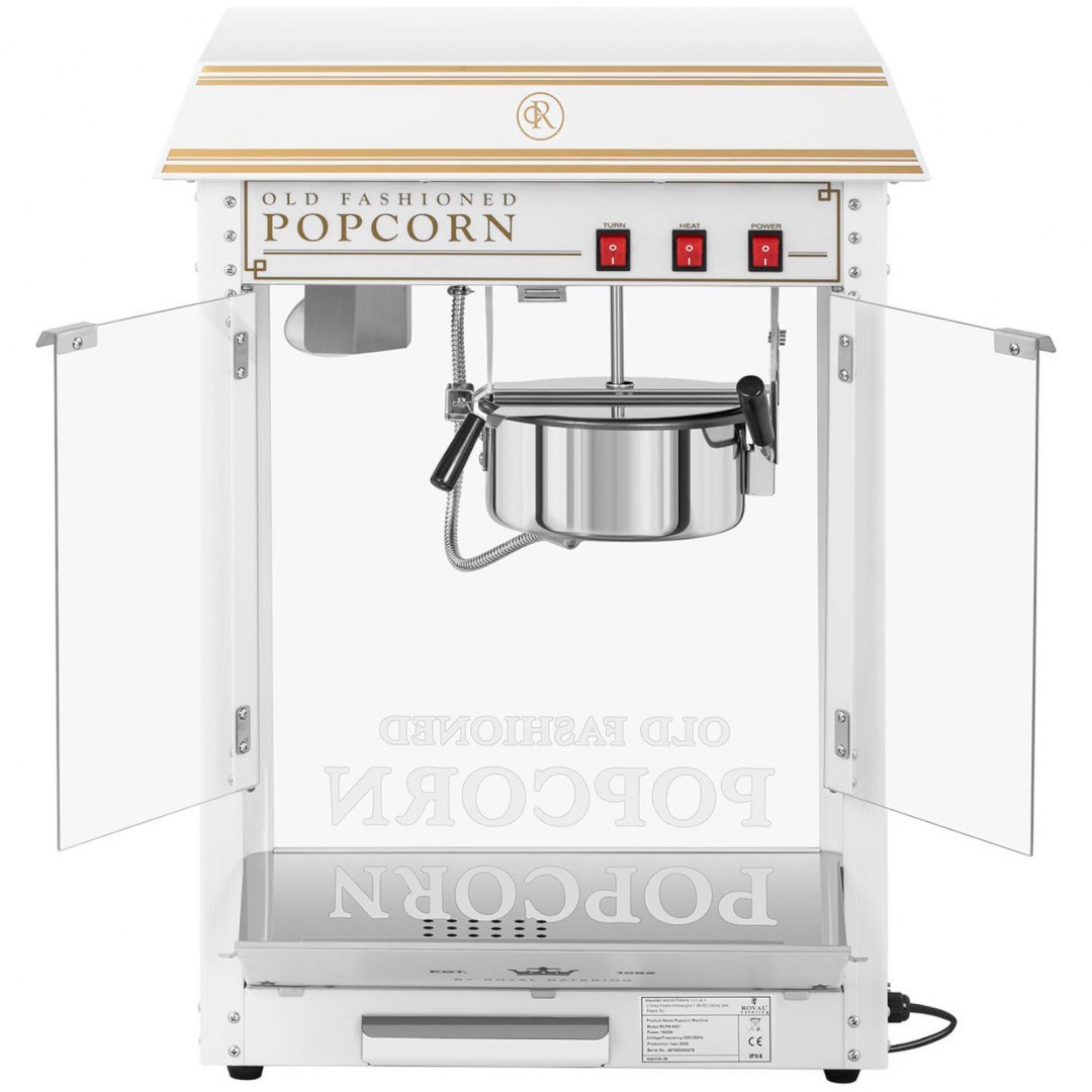 Maszyna automat urządzenie do prażenia popcornu retro TEFLON 1600 W 5-6 kg/h - biało-złota Royal Catering Maszyna automat urządzenie do prażenia popcornu retro TEFLON 1600 W 5-6 kg/h - biało-złota Royal Catering