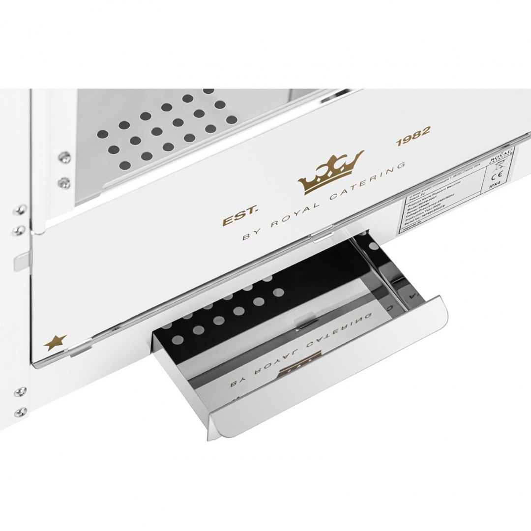 Maszyna automat urządzenie do prażenia popcornu retro TEFLON 1600 W 5-6 kg/h - biało-złota Royal Catering Maszyna automat urządzenie do prażenia popcornu retro TEFLON 1600 W 5-6 kg/h - biało-złota Royal Catering