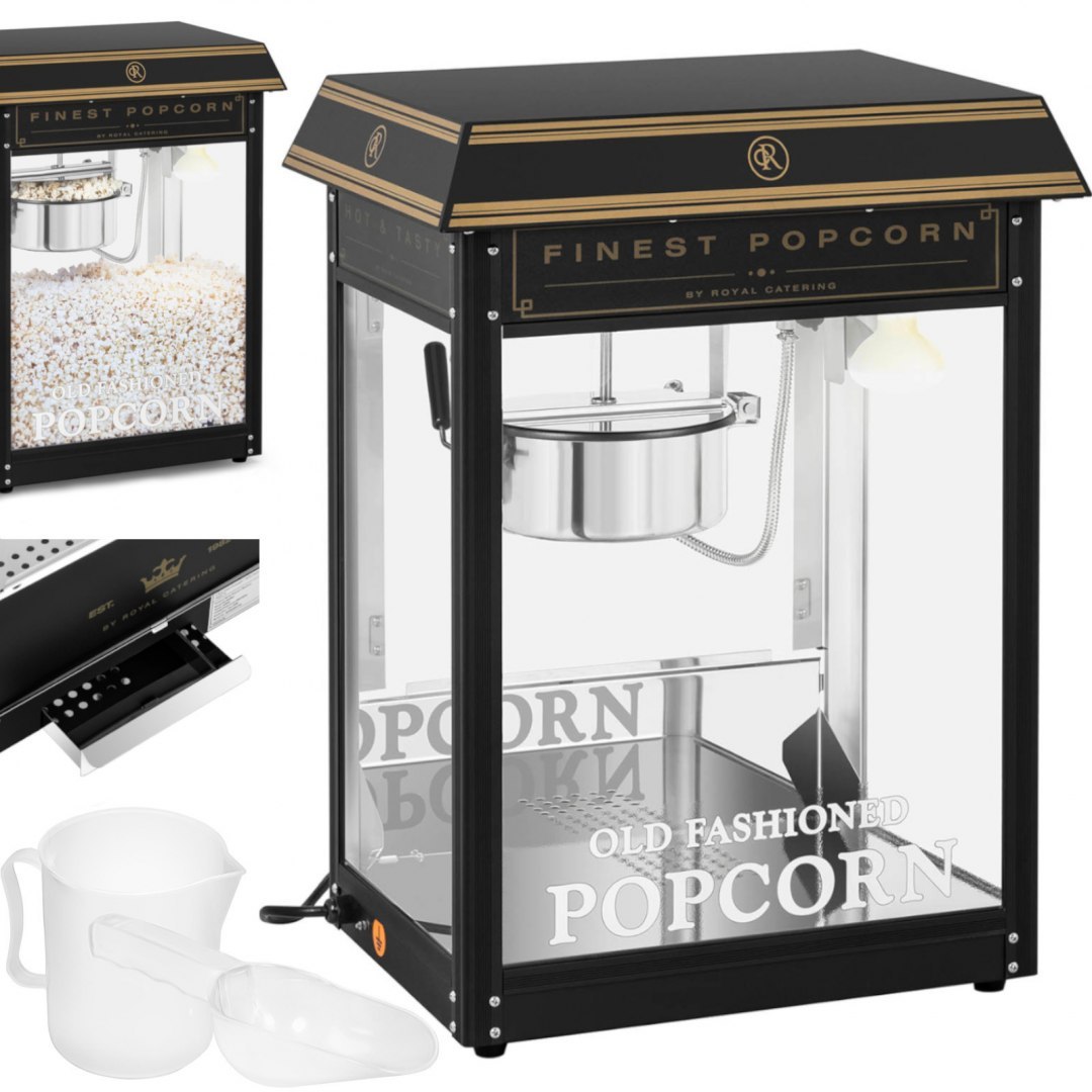 Maszyna automat urządzenie do prażenia popcornu retro TEFLON 1600 W 5-6 kg/h - czarno-złota Royal Catering Maszyna automat urządzenie do prażenia popcornu retro TEFLON 1600 W 5-6 kg/h - czarno-złota Royal Catering