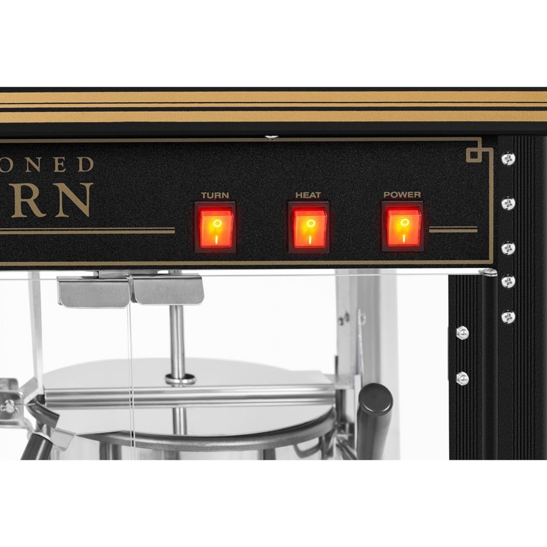 Maszyna automat urządzenie do prażenia popcornu retro TEFLON 1600 W 5-6 kg/h - czarno-złota Royal Catering Maszyna automat urządzenie do prażenia popcornu retro TEFLON 1600 W 5-6 kg/h - czarno-złota Royal Catering