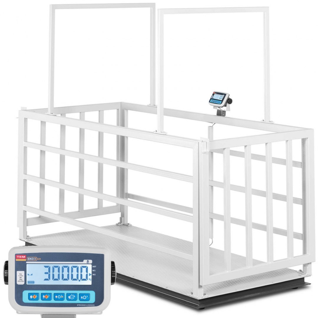 Waga weterynaryjna platformowa inwentarska z klatką dla zwierząt 3000/1 kg 110x240 cm LCD TEM Waga weterynaryjna platformowa inwentarska z klatką dla zwierząt 3000/1 kg 110x240 cm LCD TEM