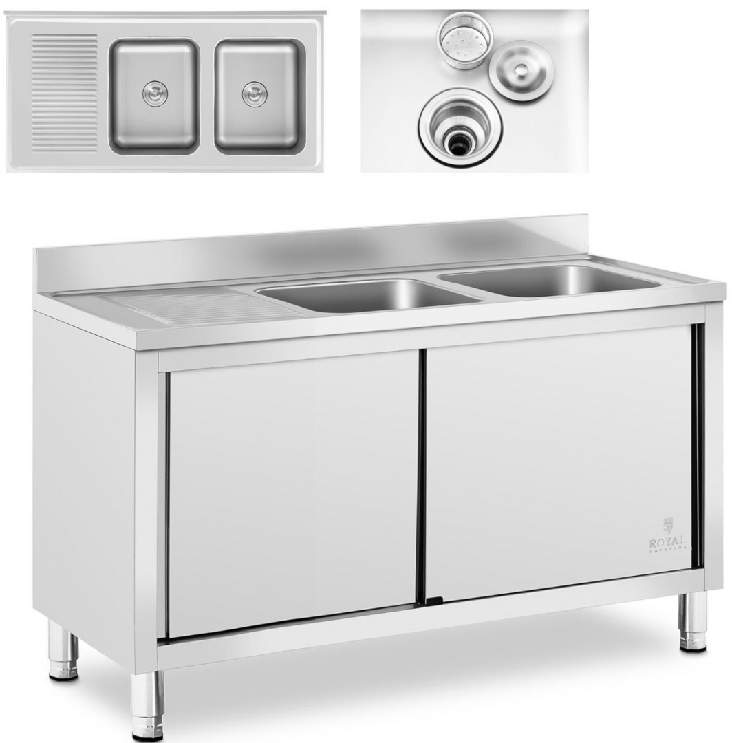 Zlew basen gastronomiczny dwukomorowy z szafką z drzwiami przesuwnymi 140 x 70 x 95 cm Royal Catering Zlew basen gastronomiczny dwukomorowy z szafką z drzwiami przesuwnymi 140 x 70 x 95 cm Royal Catering