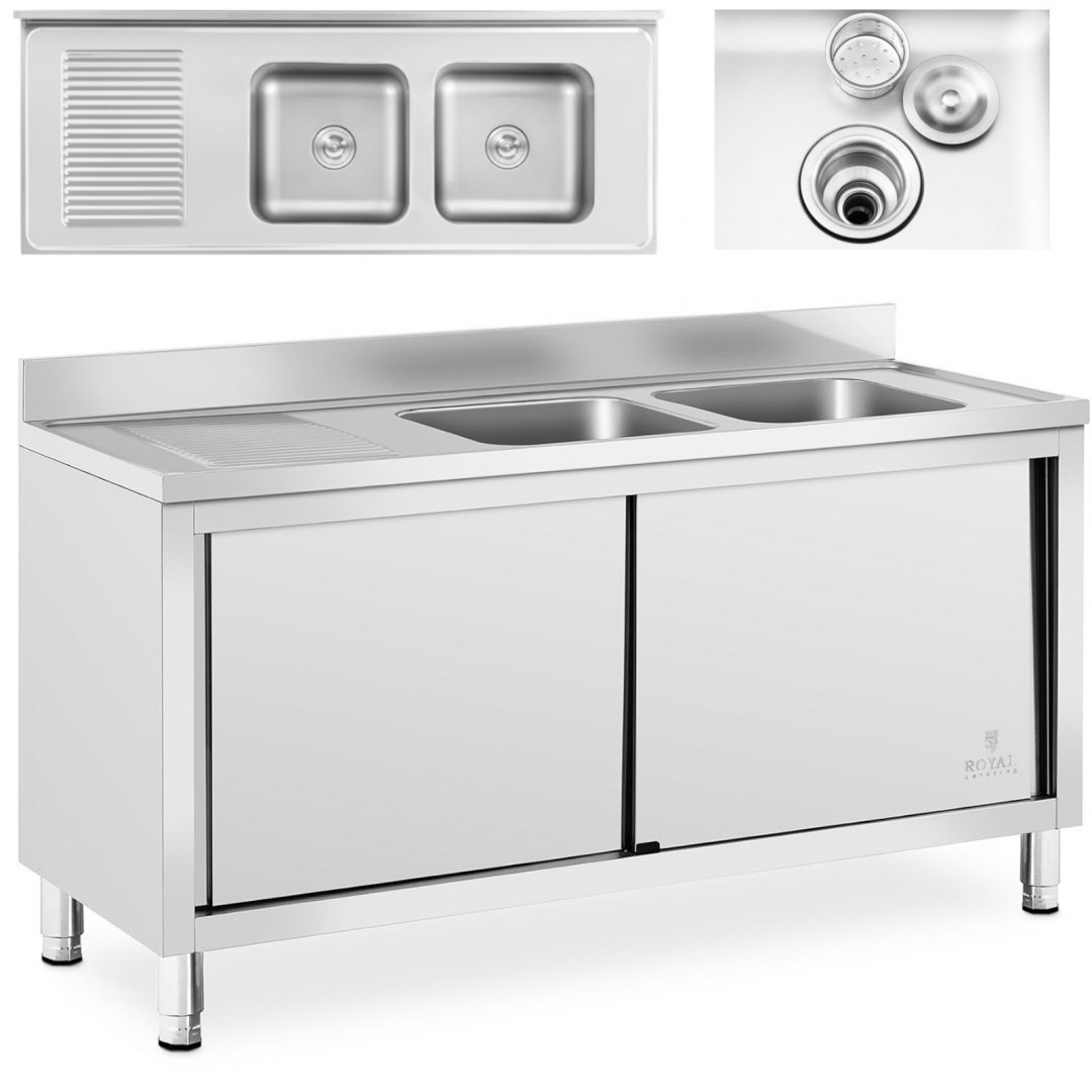 Zlew basen gastronomiczny dwukomorowy z szafką z drzwiami przesuwnymi 160 x 60 x 95 cm Royal Catering Zlew basen gastronomiczny dwukomorowy z szafką z drzwiami przesuwnymi 160 x 60 x 95 cm Royal Catering
