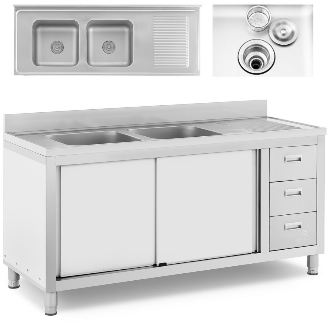 Zlew basen gastronomiczny dwukomorowy z szafką z drzwiami przesuwnymi szufladami stalowy 160 x 60 x 95 cm Royal Catering Zlew basen gastronomiczny dwukomorowy z szafką z drzwiami przesuwnymi szufladami stalowy 160 x 60 x 95 cm Royal Catering