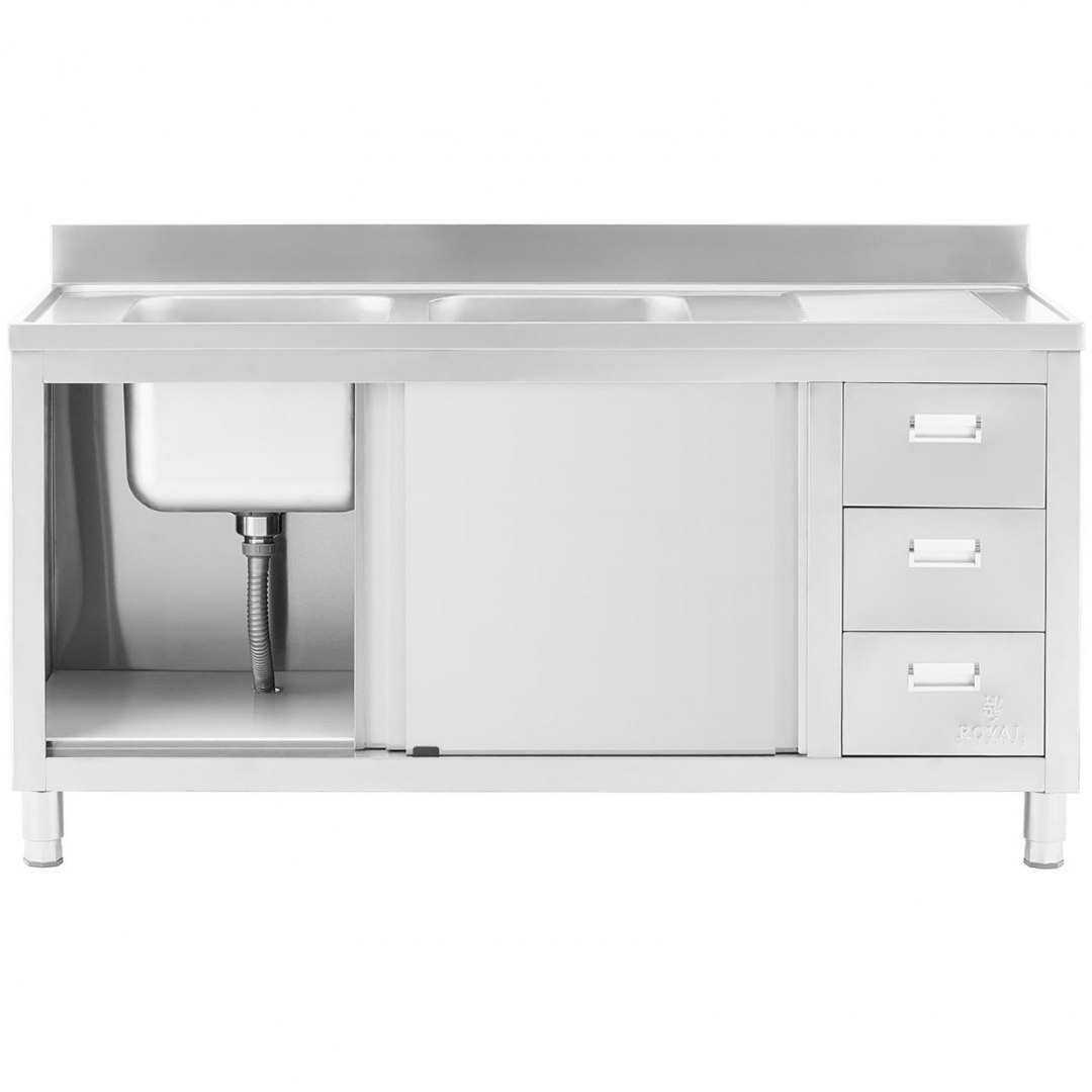Zlew basen gastronomiczny dwukomorowy z szafką z drzwiami przesuwnymi szufladami stalowy 160 x 60 x 95 cm Royal Catering Zlew basen gastronomiczny dwukomorowy z szafką z drzwiami przesuwnymi szufladami stalowy 160 x 60 x 95 cm Royal Catering