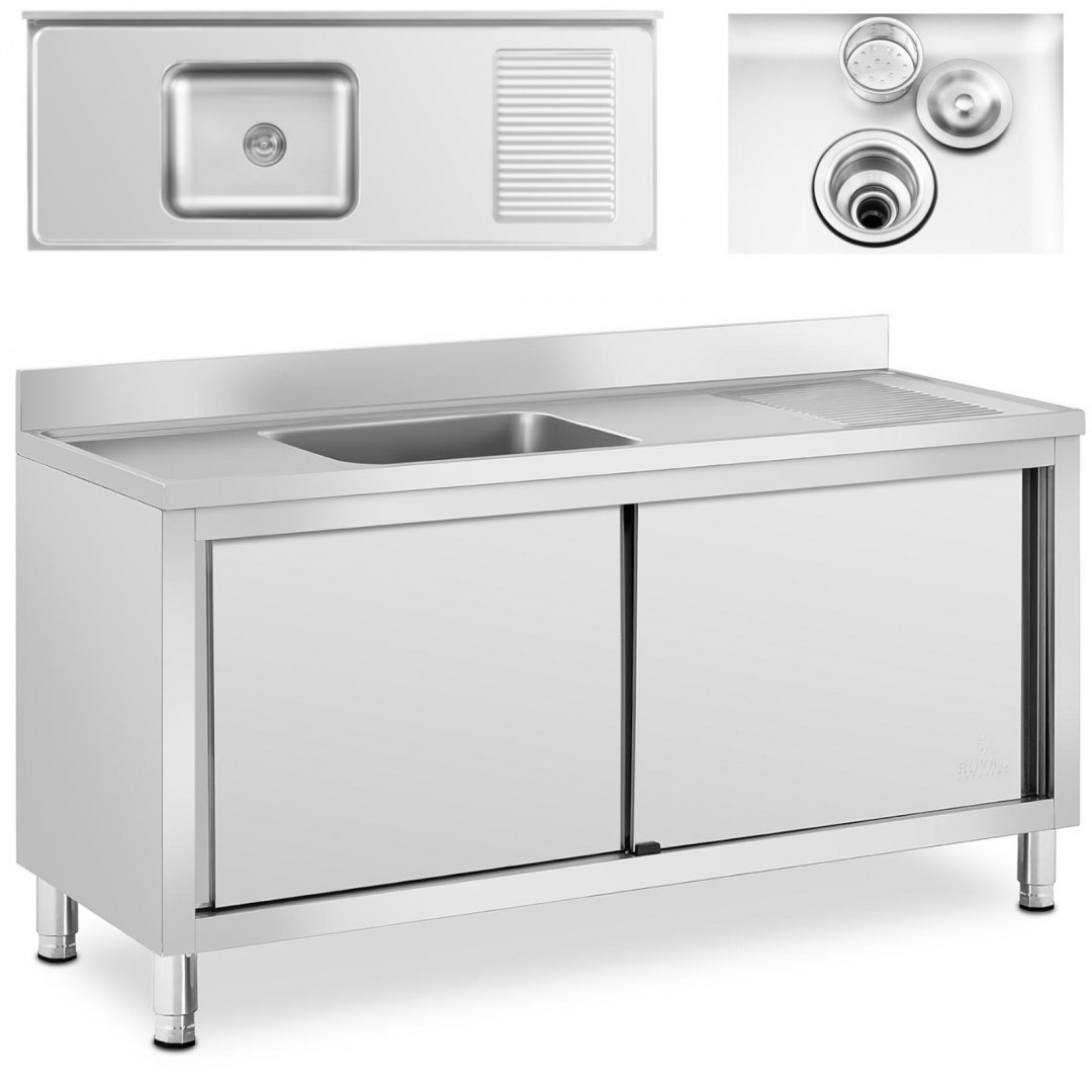 Zlew basen gastronomiczny jednokomorowy z szafką z drzwiami przesuwnymi 160 x 60 x 94.5 cm Royal Catering Zlew basen gastronomiczny jednokomorowy z szafką z drzwiami przesuwnymi 160 x 60 x 94.5 cm Royal Catering