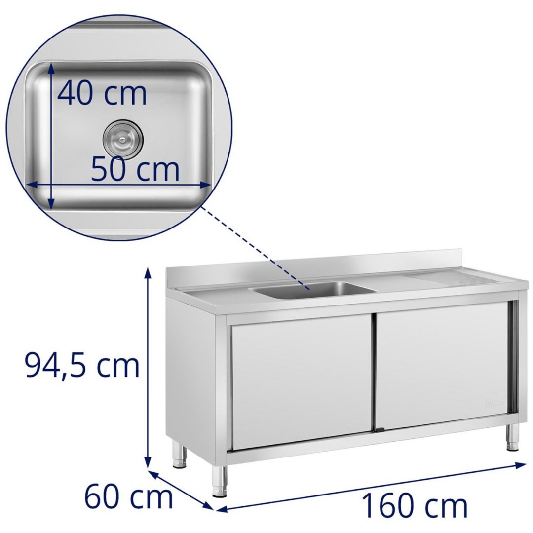 Zlew basen gastronomiczny jednokomorowy z szafką z drzwiami przesuwnymi 160 x 60 x 94.5 cm Royal Catering Zlew basen gastronomiczny jednokomorowy z szafką z drzwiami przesuwnymi 160 x 60 x 94.5 cm Royal Catering