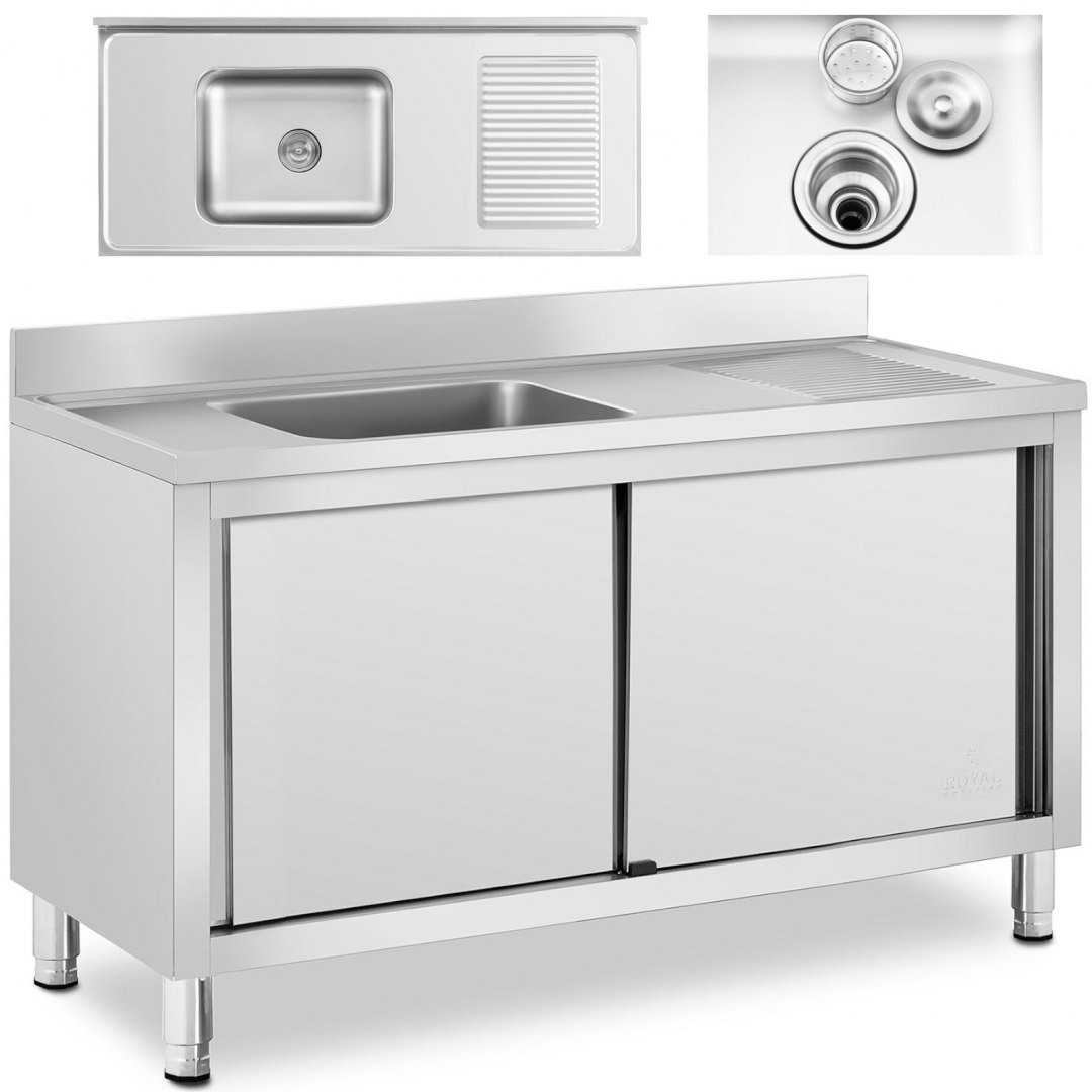 Zlew basen gastronomiczny jednokomorowy z szafką z drzwiami przesuwnymi lewy 140 x 60 x 94.5 cm Royal Catering Zlew basen gastronomiczny jednokomorowy z szafką z drzwiami przesuwnymi lewy 140 x 60 x 94.5 cm Royal Catering