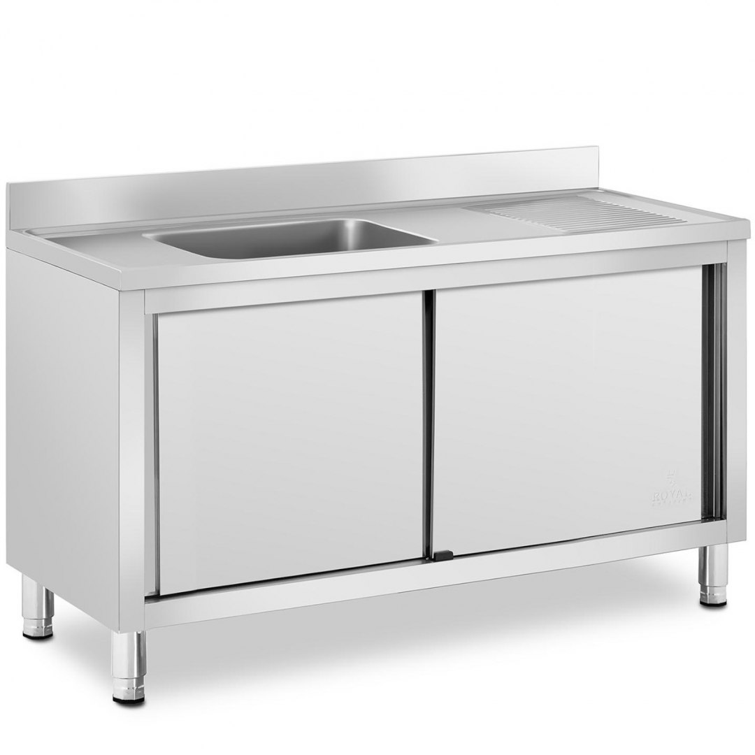 Zlew basen gastronomiczny jednokomorowy z szafką z drzwiami przesuwnymi lewy 140 x 60 x 94.5 cm Royal Catering Zlew basen gastronomiczny jednokomorowy z szafką z drzwiami przesuwnymi lewy 140 x 60 x 94.5 cm Royal Catering