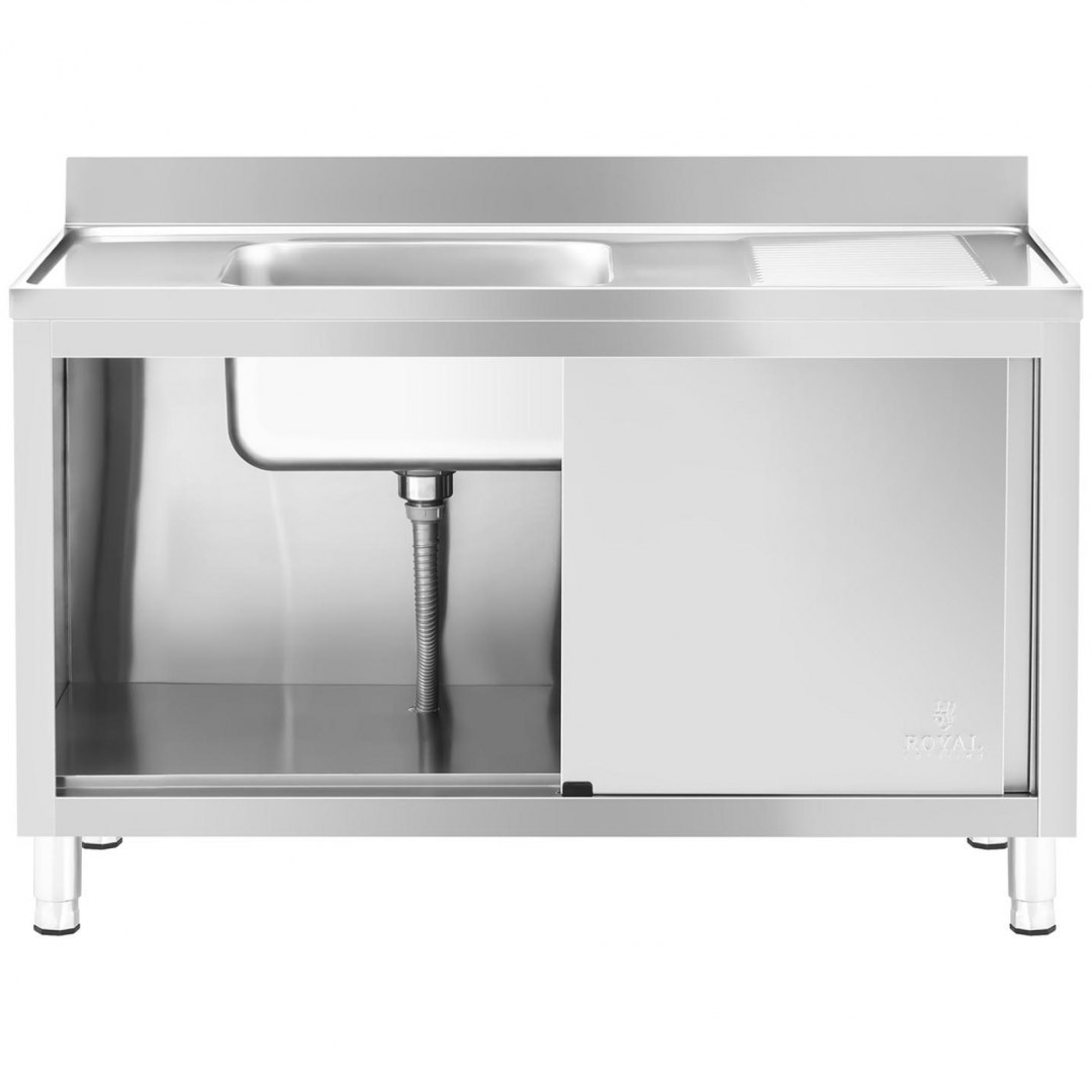 Zlew basen gastronomiczny jednokomorowy z szafką z drzwiami przesuwnymi lewy 140 x 60 x 94.5 cm Royal Catering Zlew basen gastronomiczny jednokomorowy z szafką z drzwiami przesuwnymi lewy 140 x 60 x 94.5 cm Royal Catering