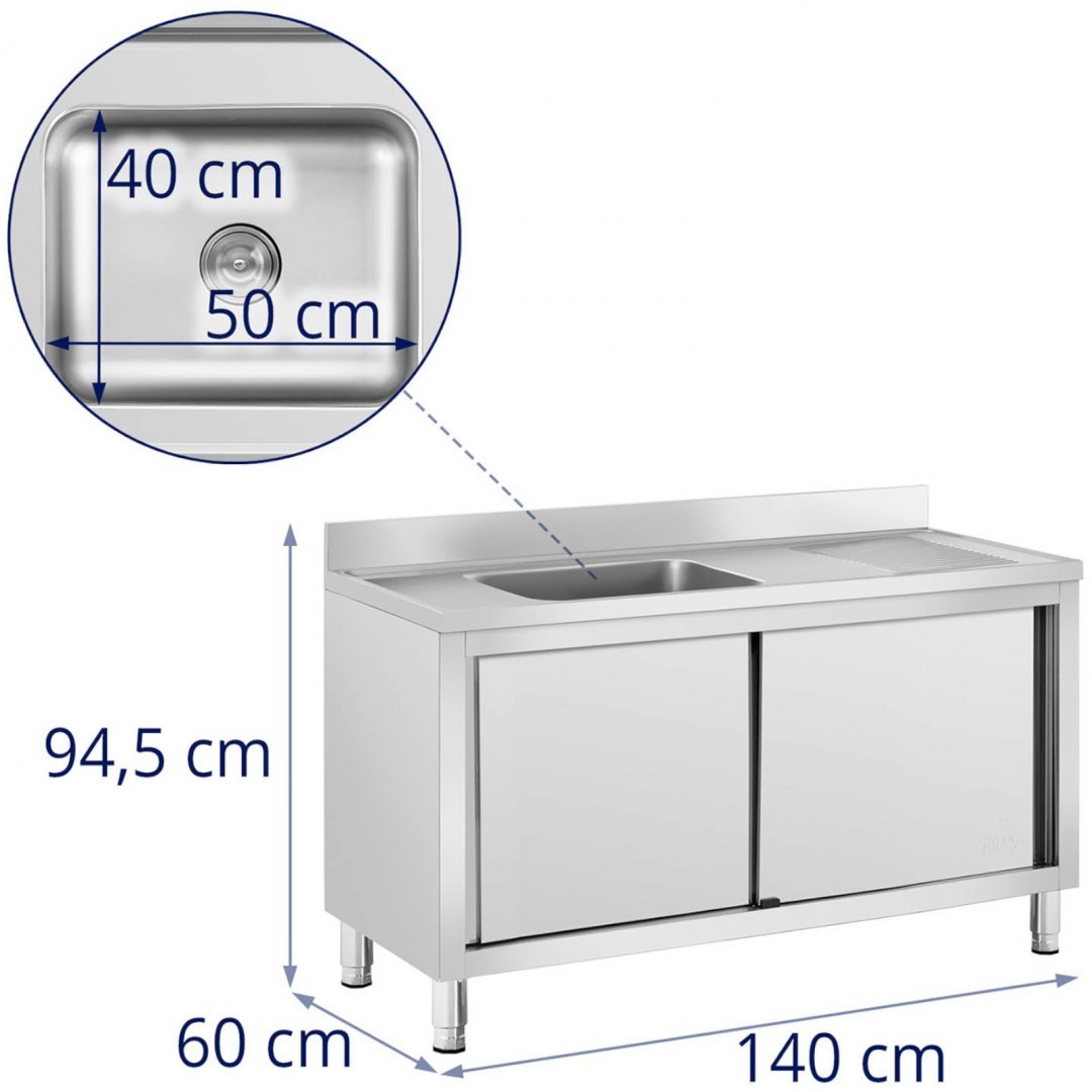Zlew basen gastronomiczny jednokomorowy z szafką z drzwiami przesuwnymi lewy 140 x 60 x 94.5 cm Royal Catering Zlew basen gastronomiczny jednokomorowy z szafką z drzwiami przesuwnymi lewy 140 x 60 x 94.5 cm Royal Catering