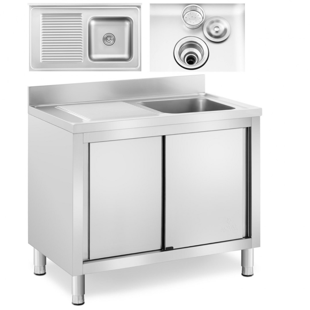 Zlew basen gastronomiczny jednokomorowy z szafką z drzwiami przesuwnymi prawy 100 x 60 x 94 cm Royal Catering Zlew basen gastronomiczny jednokomorowy z szafką z drzwiami przesuwnymi prawy 100 x 60 x 94 cm Royal Catering
