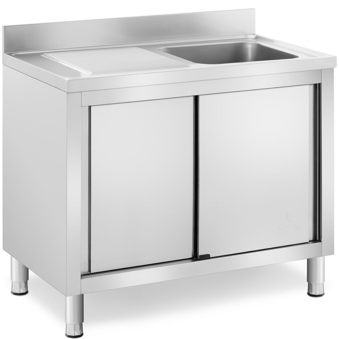 Zlew basen gastronomiczny jednokomorowy z szafką z drzwiami przesuwnymi prawy 100 x 60 x 94 cm Royal Catering Zlew basen gastronomiczny jednokomorowy z szafką z drzwiami przesuwnymi prawy 100 x 60 x 94 cm Royal Catering