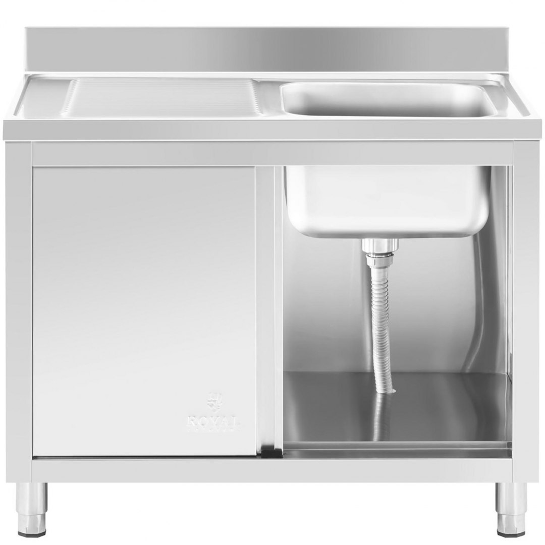 Zlew basen gastronomiczny jednokomorowy z szafką z drzwiami przesuwnymi prawy 100 x 60 x 94 cm Royal Catering Zlew basen gastronomiczny jednokomorowy z szafką z drzwiami przesuwnymi prawy 100 x 60 x 94 cm Royal Catering