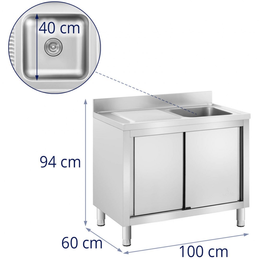 Zlew basen gastronomiczny jednokomorowy z szafką z drzwiami przesuwnymi prawy 100 x 60 x 94 cm Royal Catering Zlew basen gastronomiczny jednokomorowy z szafką z drzwiami przesuwnymi prawy 100 x 60 x 94 cm Royal Catering