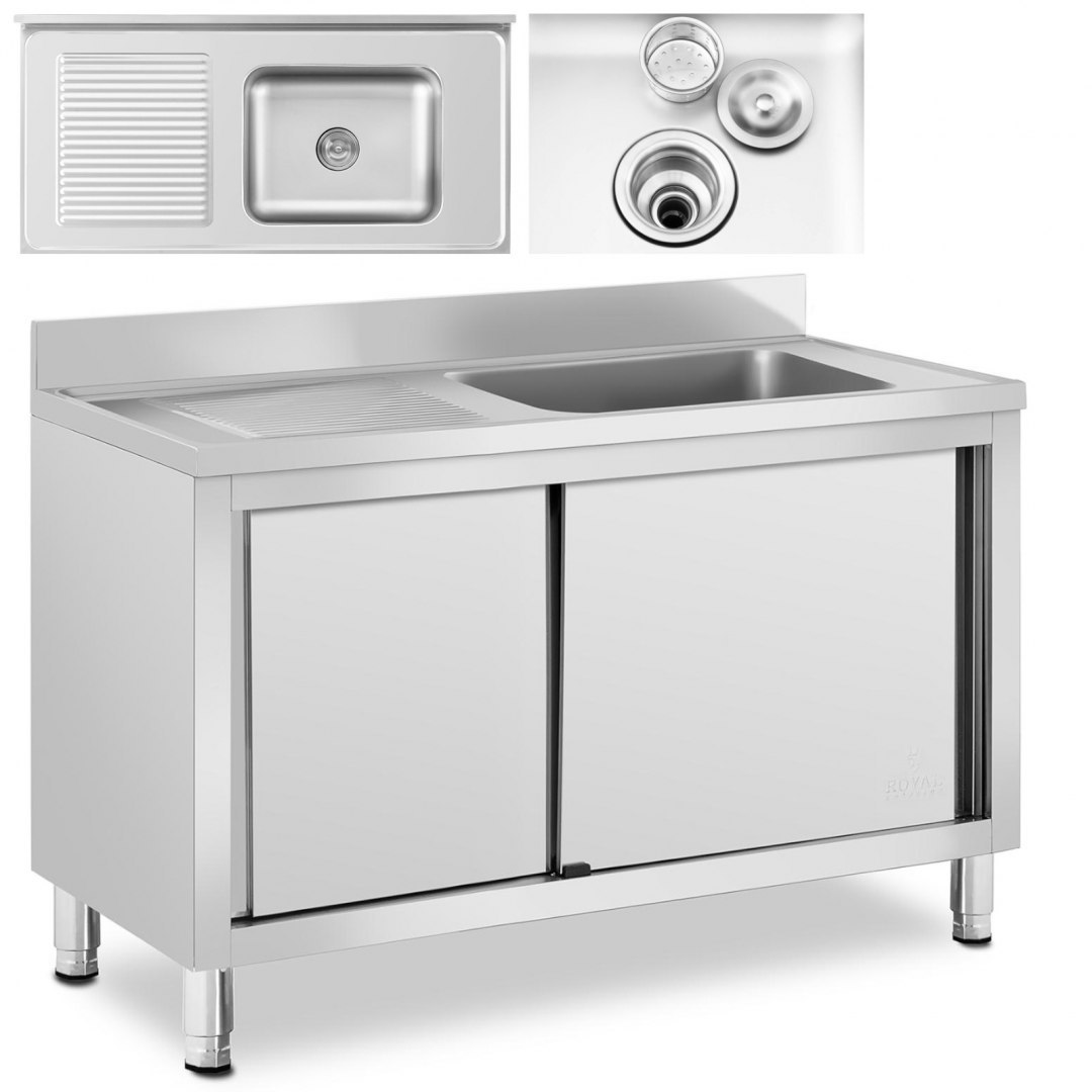 Zlew basen gastronomiczny jednokomorowy z szafką z drzwiami przesuwnymi prawy 120 x 60 x 95 cm Royal Catering Zlew basen gastronomiczny jednokomorowy z szafką z drzwiami przesuwnymi prawy 120 x 60 x 95 cm Royal Catering