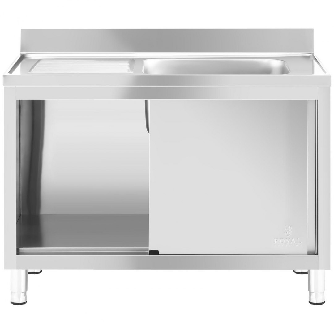 Zlew basen gastronomiczny jednokomorowy z szafką z drzwiami przesuwnymi prawy 120 x 60 x 95 cm Royal Catering Zlew basen gastronomiczny jednokomorowy z szafką z drzwiami przesuwnymi prawy 120 x 60 x 95 cm Royal Catering