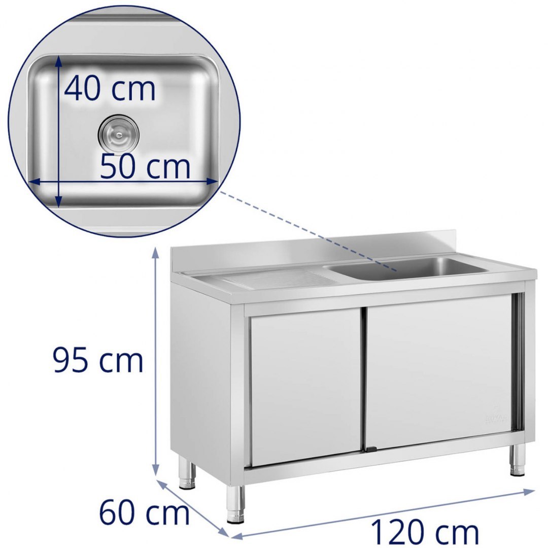 Zlew basen gastronomiczny jednokomorowy z szafką z drzwiami przesuwnymi prawy 120 x 60 x 95 cm Royal Catering Zlew basen gastronomiczny jednokomorowy z szafką z drzwiami przesuwnymi prawy 120 x 60 x 95 cm Royal Catering