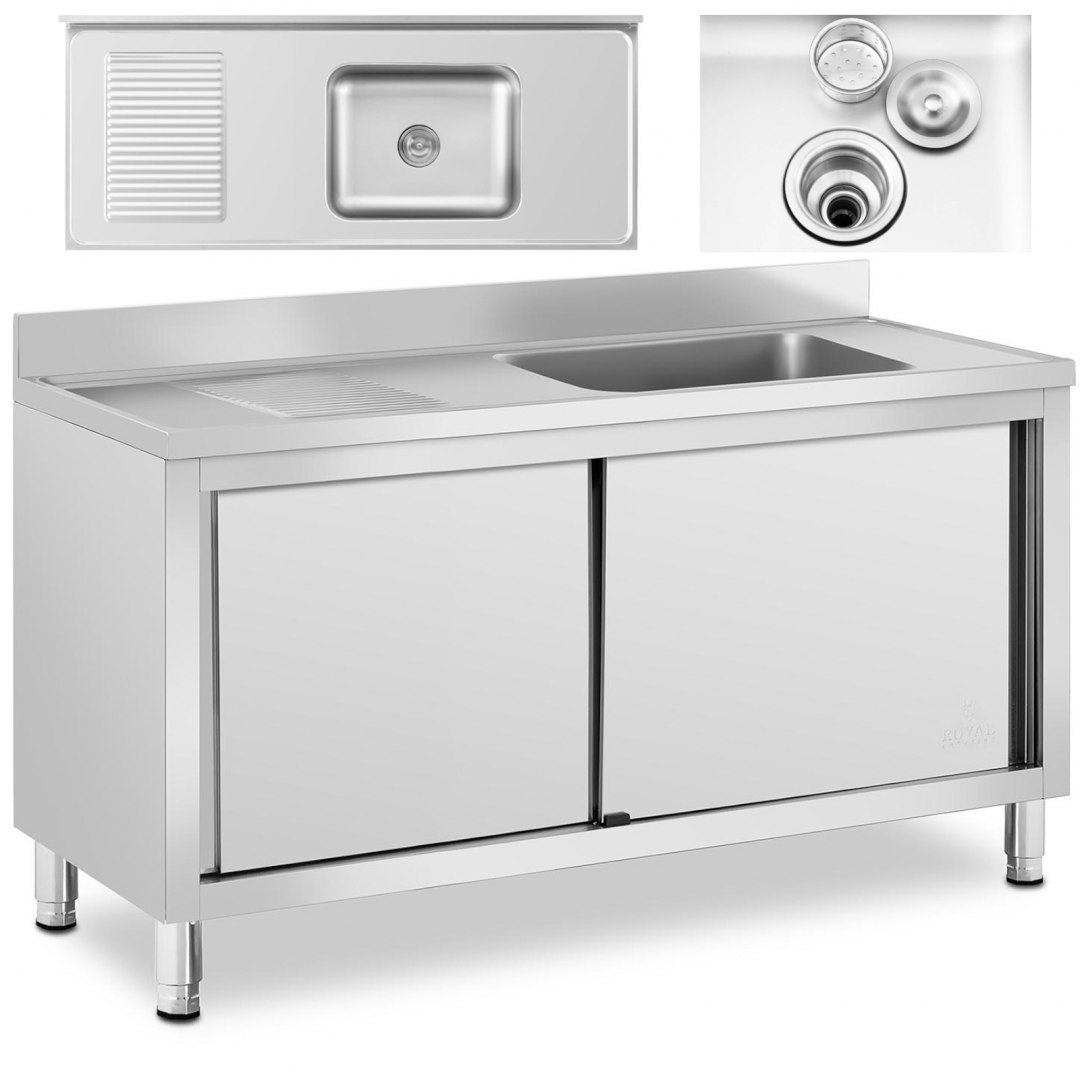 Zlew basen gastronomiczny jednokomorowy z szafką z drzwiami przesuwnymi prawy 140 x 60 x 94.5 cm Royal Catering Zlew basen gastronomiczny jednokomorowy z szafką z drzwiami przesuwnymi prawy 140 x 60 x 94.5 cm Royal Catering
