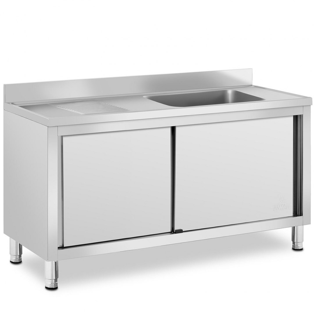 Zlew basen gastronomiczny jednokomorowy z szafką z drzwiami przesuwnymi prawy 140 x 60 x 94.5 cm Royal Catering Zlew basen gastronomiczny jednokomorowy z szafką z drzwiami przesuwnymi prawy 140 x 60 x 94.5 cm Royal Catering