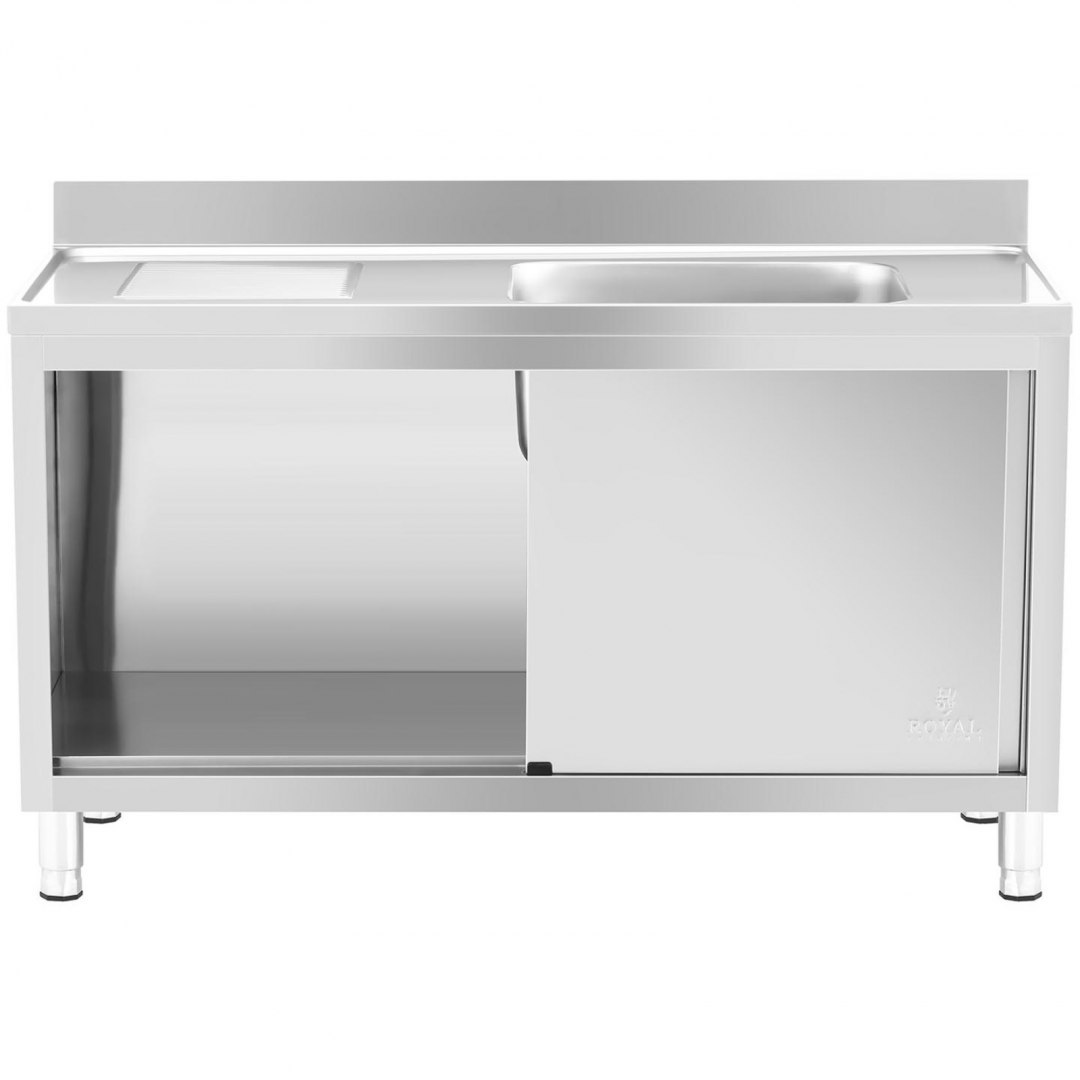 Zlew basen gastronomiczny jednokomorowy z szafką z drzwiami przesuwnymi prawy 140 x 60 x 94.5 cm Royal Catering Zlew basen gastronomiczny jednokomorowy z szafką z drzwiami przesuwnymi prawy 140 x 60 x 94.5 cm Royal Catering