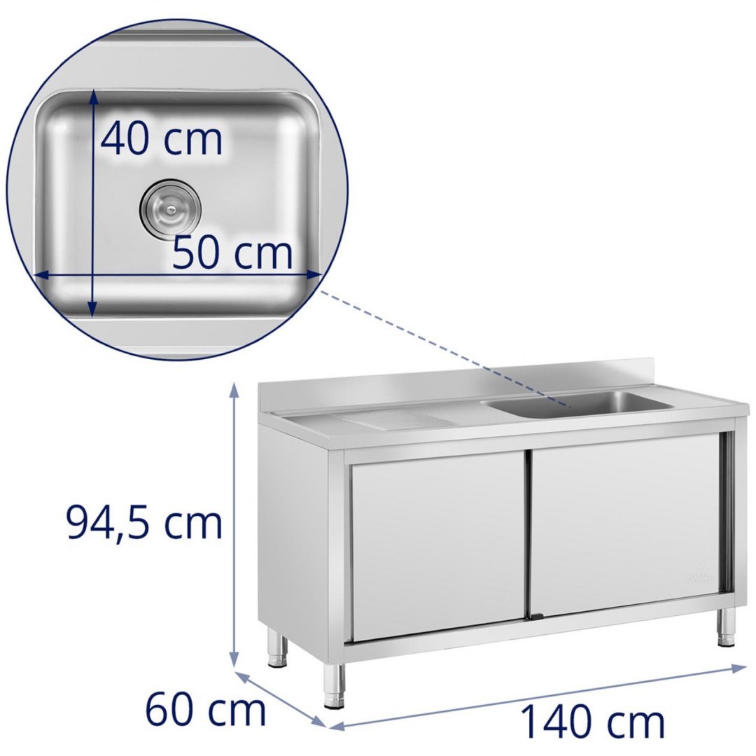 Zlew basen gastronomiczny jednokomorowy z szafką z drzwiami przesuwnymi prawy 140 x 60 x 94.5 cm Royal Catering Zlew basen gastronomiczny jednokomorowy z szafką z drzwiami przesuwnymi prawy 140 x 60 x 94.5 cm Royal Catering