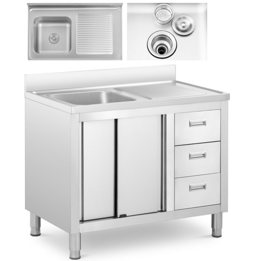 Zlew basen gastronomiczny jednokomorowy z szafką z drzwiami przesuwnymi szufladami stalowy 100 x 60 x 94.5 cm Royal Catering Zlew basen gastronomiczny jednokomorowy z szafką z drzwiami przesuwnymi szufladami stalowy 100 x 60 x 94.5 cm Royal Catering