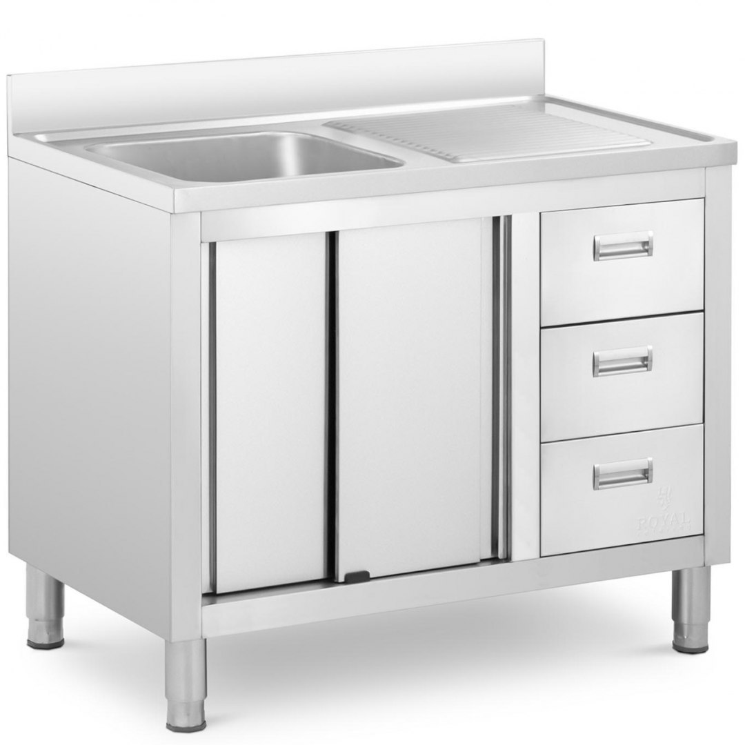 Zlew basen gastronomiczny jednokomorowy z szafką z drzwiami przesuwnymi szufladami stalowy 100 x 60 x 94.5 cm Royal Catering Zlew basen gastronomiczny jednokomorowy z szafką z drzwiami przesuwnymi szufladami stalowy 100 x 60 x 94.5 cm Royal Catering