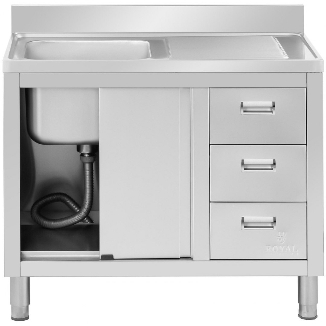 Zlew basen gastronomiczny jednokomorowy z szafką z drzwiami przesuwnymi szufladami stalowy 100 x 60 x 94.5 cm Royal Catering Zlew basen gastronomiczny jednokomorowy z szafką z drzwiami przesuwnymi szufladami stalowy 100 x 60 x 94.5 cm Royal Catering