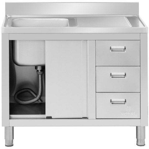 Zlew basen gastronomiczny jednokomorowy z szafką z drzwiami przesuwnymi szufladami stalowy 100 x 60 x 94.5 cm Royal Catering Zlew basen gastronomiczny jednokomorowy z szafką z drzwiami przesuwnymi szufladami stalowy 100 x 60 x 94.5 cm Royal Catering