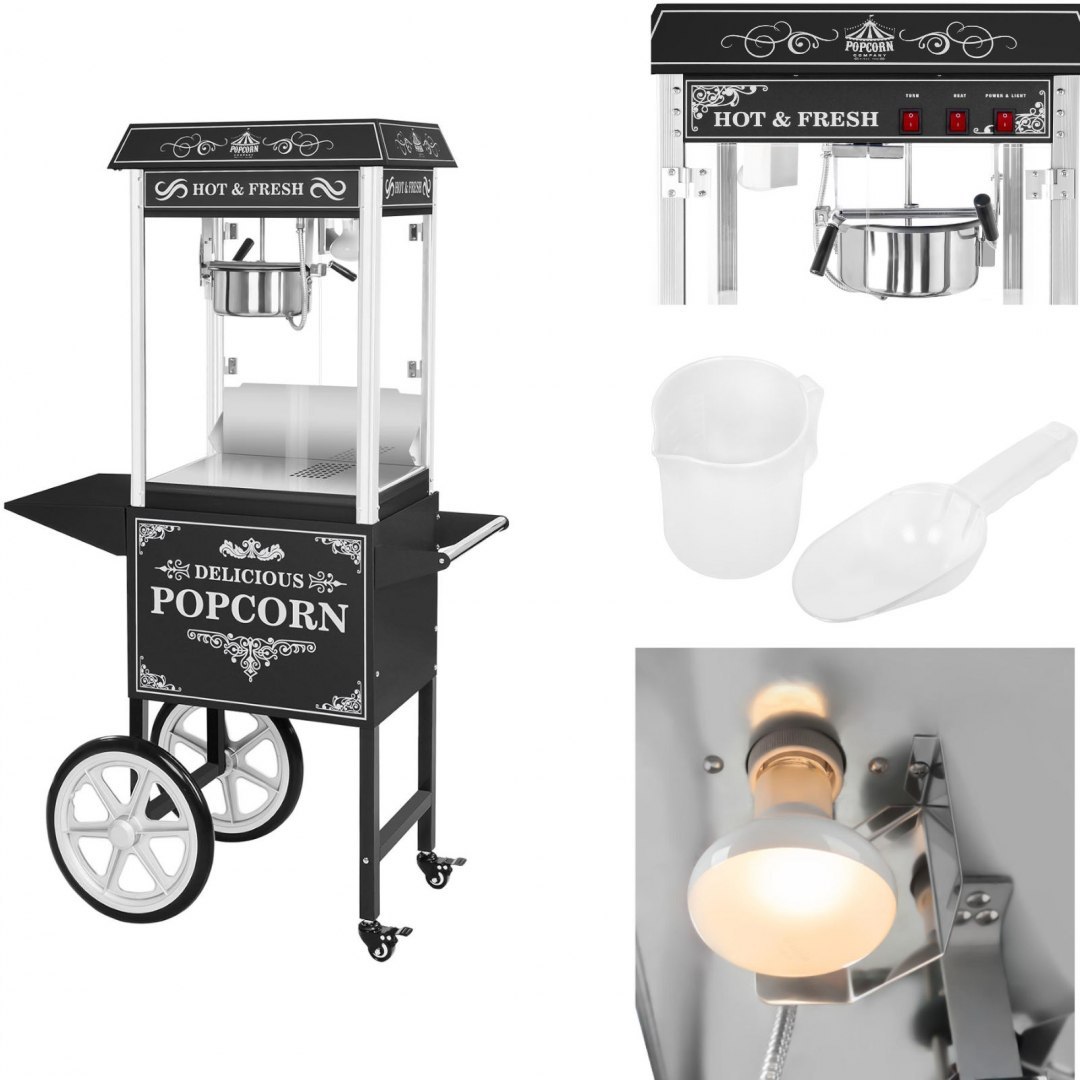 Profesjonalna wydajna maszyna do popcornu mobilna na wózku 230V 1.6kW czarna Royal Catering Profesjonalna wydajna maszyna do popcornu mobilna na wózku 230V 1.6kW czarna Royal Catering