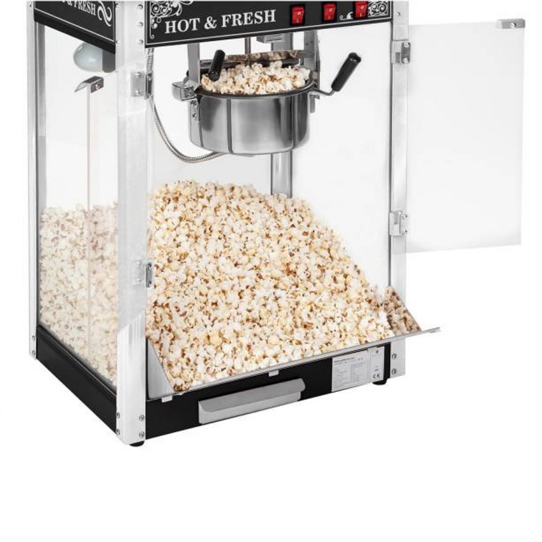 Profesjonalna wydajna maszyna do popcornu mobilna na wózku 230V 1.6kW czarna Royal Catering