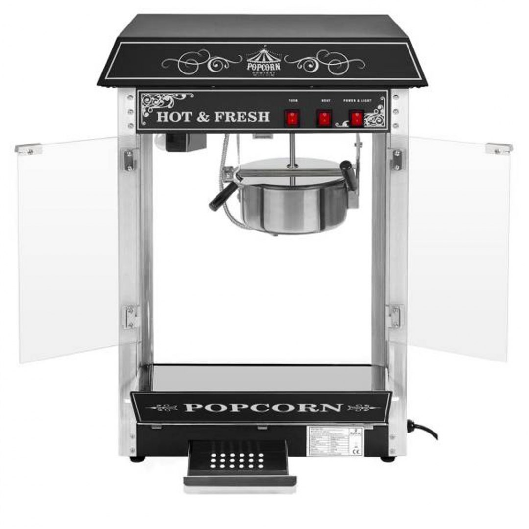 Profesjonalna wydajna maszyna do popcornu mobilna na wózku 230V 1.6kW czarna Royal Catering Profesjonalna wydajna maszyna do popcornu mobilna na wózku 230V 1.6kW czarna Royal Catering