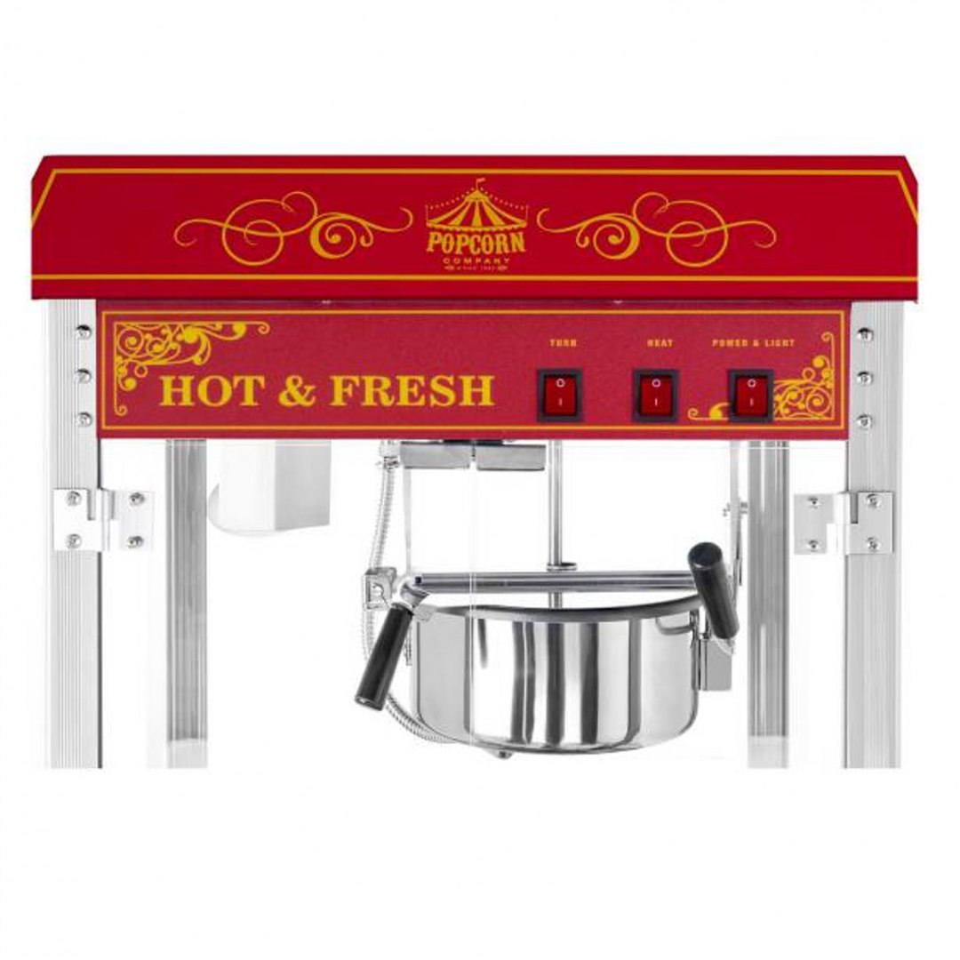 Profesjonalna wydajna maszyna do popcornu mobilna na wózku 230V 1.6kW czerwona Royal Catering