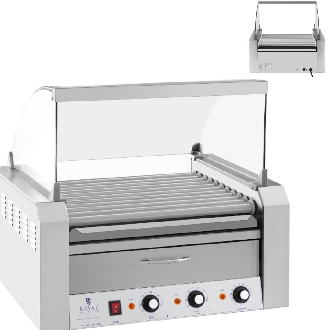 Roller grill rolkowy z osłoną i szufladą grzewczą do bułek 20 parówek HotDog 2600W 230V Royal Catering Royal Catering Roller grill rolkowy z osłoną i szufladą grzewczą do bułek 20 parówek HotDog 2600W 230V Royal Catering Royal Catering