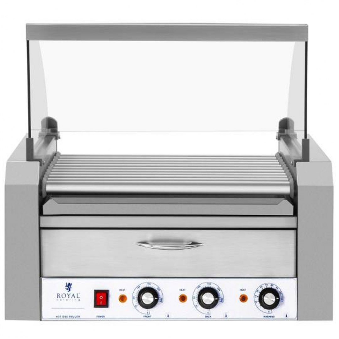 Roller grill rolkowy z osłoną i szufladą grzewczą do bułek 20 parówek HotDog 2600W 230V Royal Catering Royal Catering Roller grill rolkowy z osłoną i szufladą grzewczą do bułek 20 parówek HotDog 2600W 230V Royal Catering Royal Catering